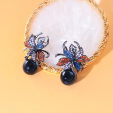 Multicolor CZ Geometric Leaf Flower Dangle Drop Gray Pearl Engagement Earrings