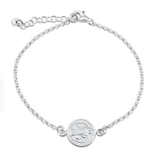 Sterling Silver  Link Chain Bracelet w/ Saint Benedict Double Sided Charm