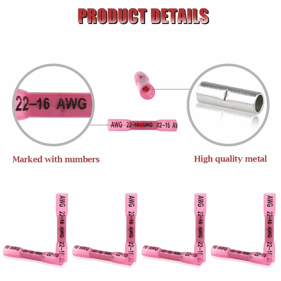 1000Pcs Heat Shrink Waterproof Wire Connectors Red 22-18AWG Butt Seal Terminals - Image 3 of 4