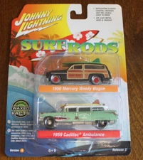 2023 JOHNNY LIGHTNING 2 Pack 1950 MERCURY WOODY WAGON and 1959 CADILLAC AMBULANC