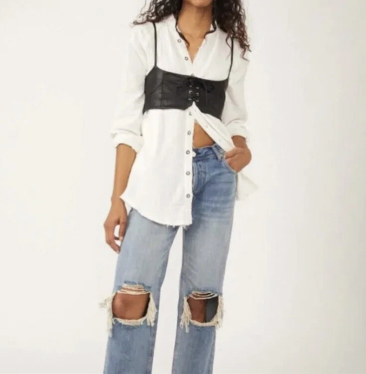 Free People Hastings Cuero Negro Corbata Corsé Top Cinturón Correas Ajustables M/L. Foto 2 de 4