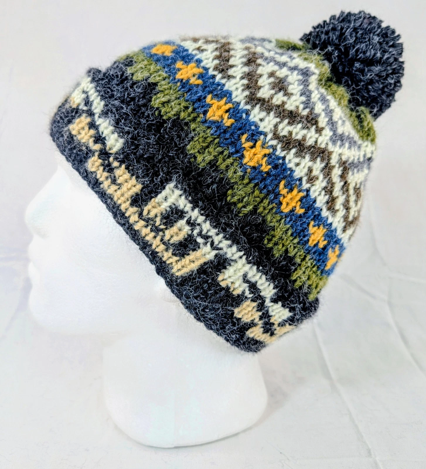 Colorful Soft Alpaca Black Beanie Pom Pom Handmade Unisex Boho Peru