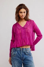 Free People Elodie BlouseDragonfruit V Neck Balloon Sleeve Buttondown Top New M