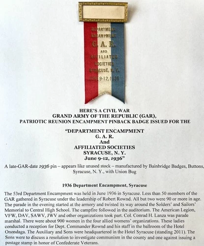 GRAND ARMY REPUBLIC GAR NY DEPARTMENT ENCAMPMENT PIN BADGE RIBBON SYRACUSE 1936