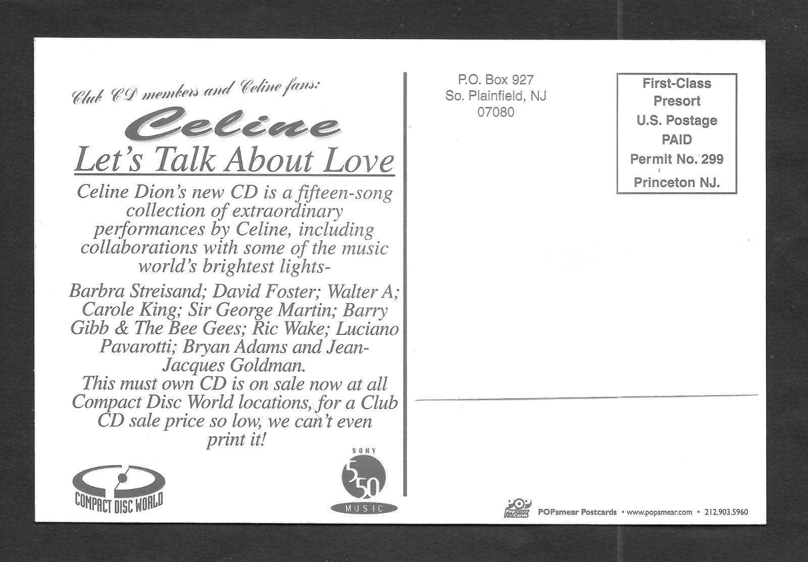 Advertising Postcard for Celine Dion's "Let's Talk About Love" Album