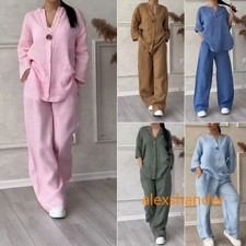 Women's 2-Piece Linen Blend Shirt and Wide Leg Pants Summer Casual Outfit