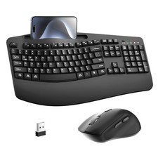 Wireless Keyboard and Mouse Combo 2.4G, Silent, Ergonomic, Phone Holder, PC, Mac