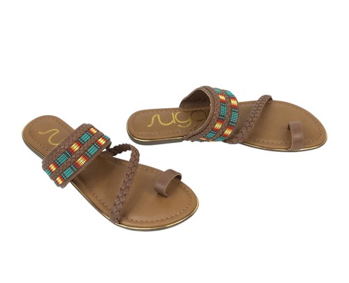 Sugar Dawson Beaded Boho Brown Faux Leather Toe Loop Slip On Flat Sandals 8.5 M - Picture 3 of 12