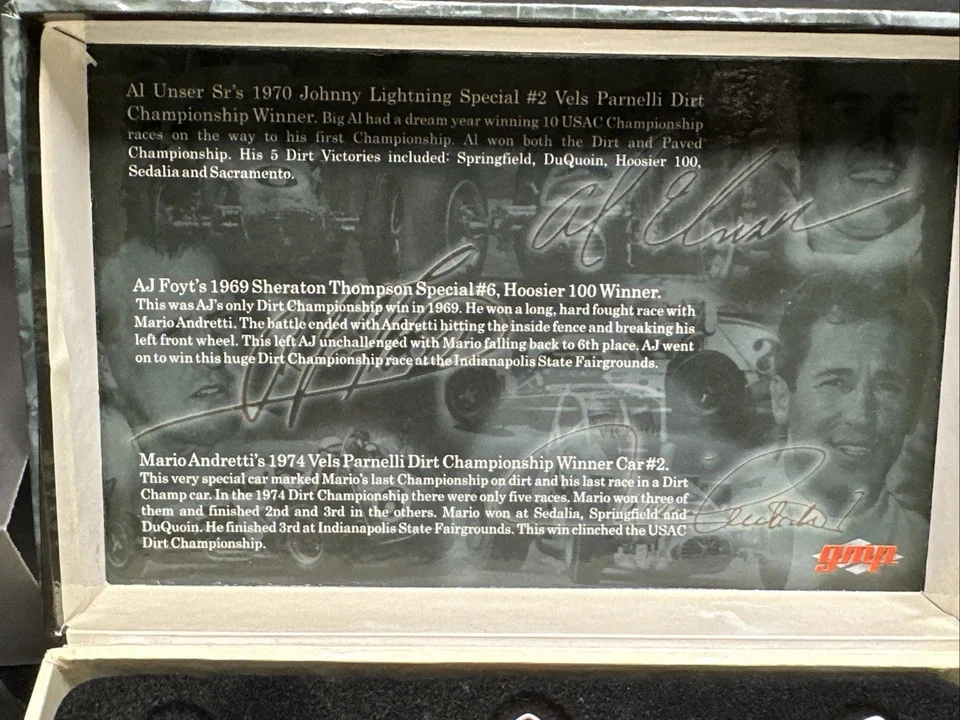 Dirt Champ Car Legends 70' Al Unser Sr 69' Foyt 74' Andretti 1/43 GMP 3 Diecast Foto 3 de 4