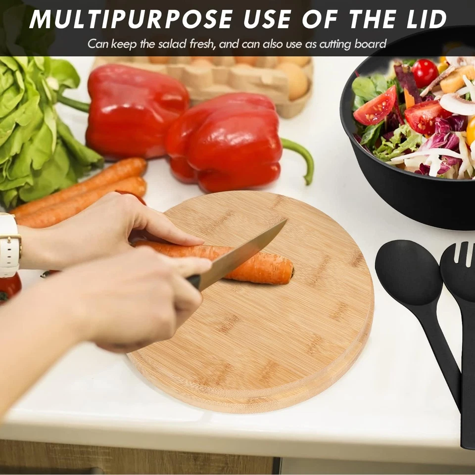 Ensaladeras, Ensaladera Grande con Tapa y Servidores, Juego de Ensaladeras de Bambú Foto 4 de 4