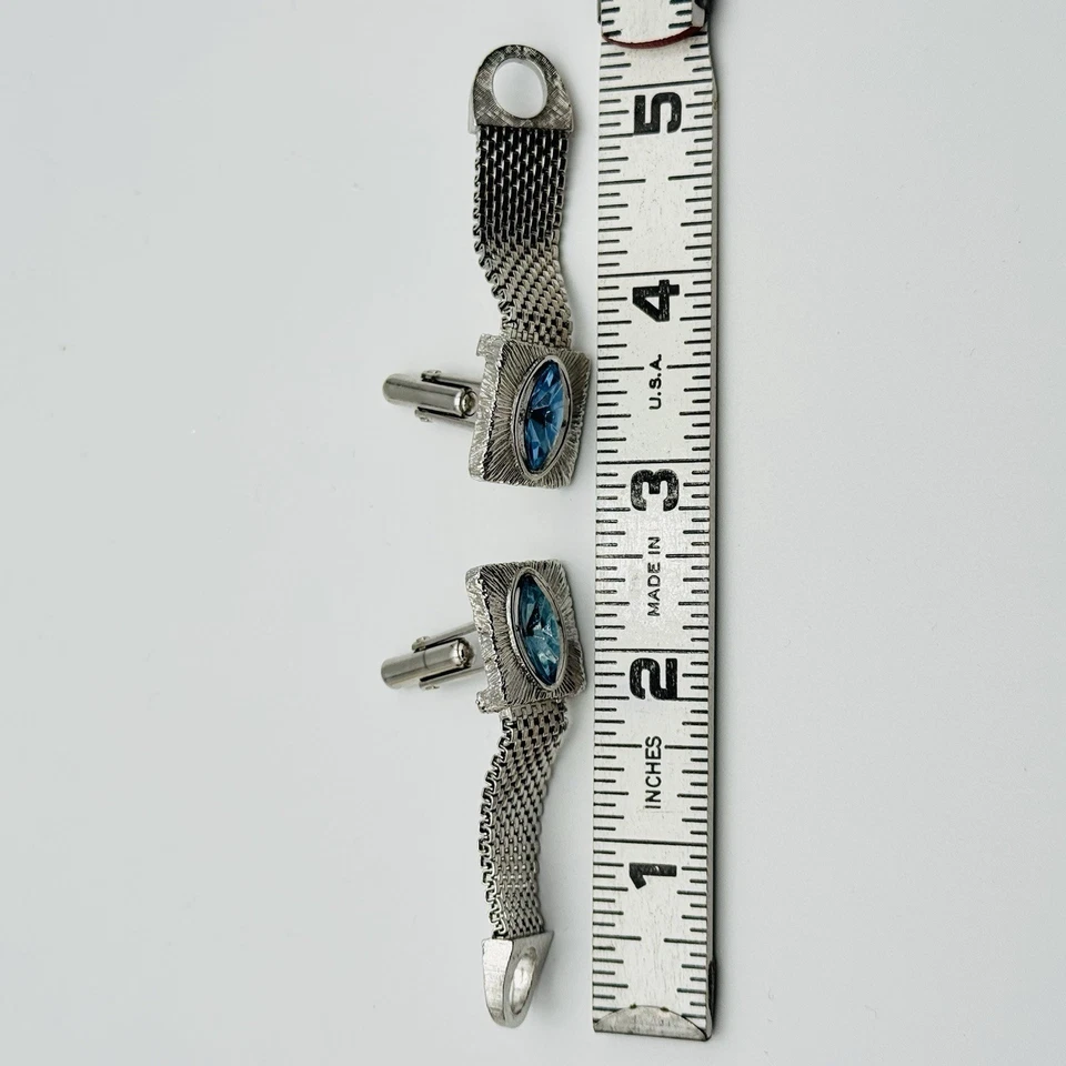 Gemelos Vintage Azul Estrás Cabujón Tono Plata Malla Envoltura Alrededor Foto 2 de 4