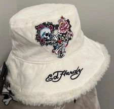 Ed Hardy Women's Off White Suede Faux Fur Bucket Hat OS Skull Pink Roses NWT