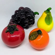 Lot Of 4 Hand Blown Glass Fruit And Vegetable Pear Orange Grape Cluster Tomatoe
