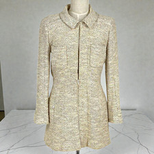 CHANEL Auth Women's Tweed Long Jacket Collared Cream Beige 02P Coat Outerwear