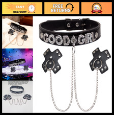 Gothic Body Chain Pasties Nipple Covers, Leather Choker Necklace, Non-Piercing J