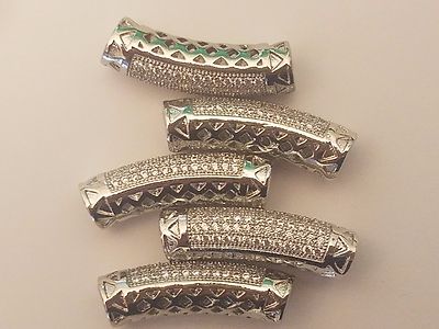 Brass Micro Pave Cubic Zirconia Hollow Curved Tube Bead, Platinum Color, 24x6mm