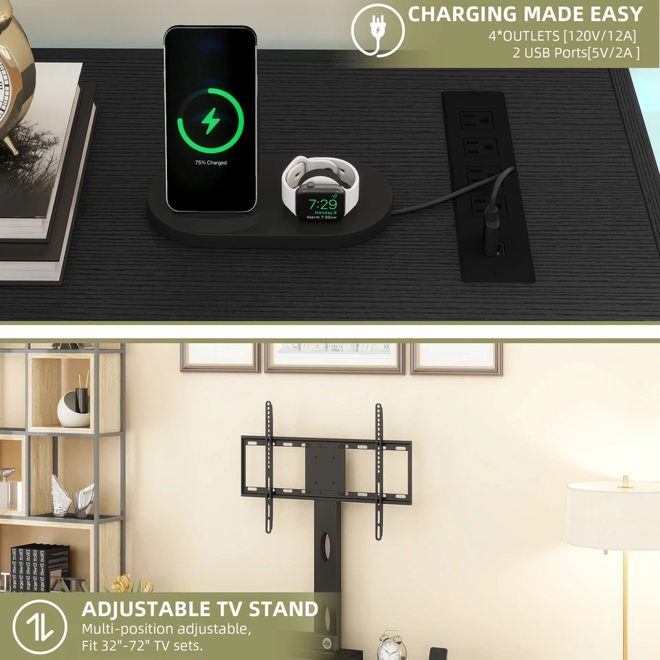 Black TV Stand with Mount Power Outlet LED Storage for 50 to 70 inch TVs Console - Image 4 of 4