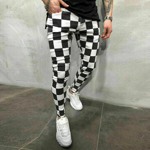 DE uomo a righe a quadri nero bianco pantaloni estivi slim tempo libero comodi pantaloni @ - Foto 8 di 15