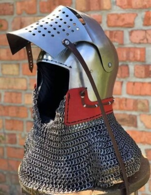 Medieval Halloween Armor Chain Mail Helmet, 16 Gage Steel Barbute Armor Helmet