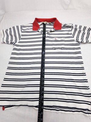 Eddie Bauer Polo Men's Large White Blue Stripe Red Collar Short Sleeve Shirt