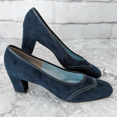 Paire De Vintage Mijji Nordstrom Daim Bleu Marine Smoking Style Pompe Talons 7.5 - Photo 1/4