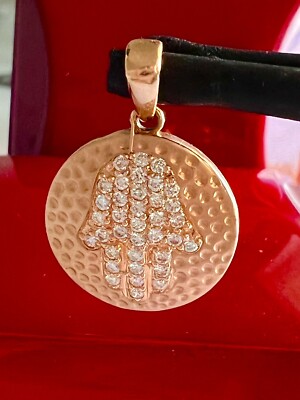 14K Rose Pink  Gold Natural .72CT Round Diamond Hand Hamsa Pendant 24MM NEW