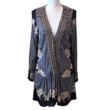 Free People Mini Dress Rayon Floral Mixed Print Relaxed Blue Black Boho XS
