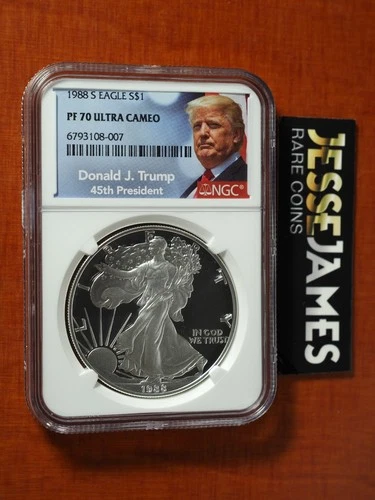 1988 S PROOF SILVER EAGLE NGC PF70 ULTRA CAMEO DONALD J. TRUMP LABEL