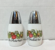 VTG 1970s Corning Ware Gemco Salt Pepper Shakers Spice Of Life Milk Glass French