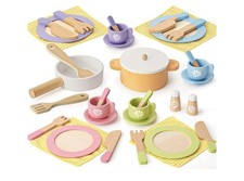 Kids 34 PCS Wooden Toy Plates and Dishes for Kids, Play Kitchen Accessories Set