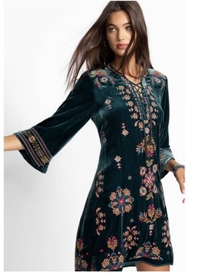 Johnny Was Green Velvet Embroidered Floral Shift Dress V-Neck 3/4 Sleeve S