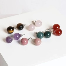 2 Pc Stone Agate Stud Earrings Women Round Crystal Ball Bead Daily Set Jewelry