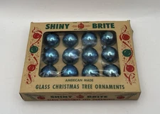 Vintage SHINY BRITE 1" Blue Glass Christmas Tree Ornaments In Box