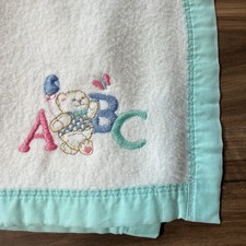 Vintage Cuddle Time  Baby Blanket Bear Balloon ABC Butterfly Mint Green White