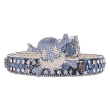 Lyqqine Skull Rhinestone Belt Men's and Women's Punk Style Standard, Blue 1
