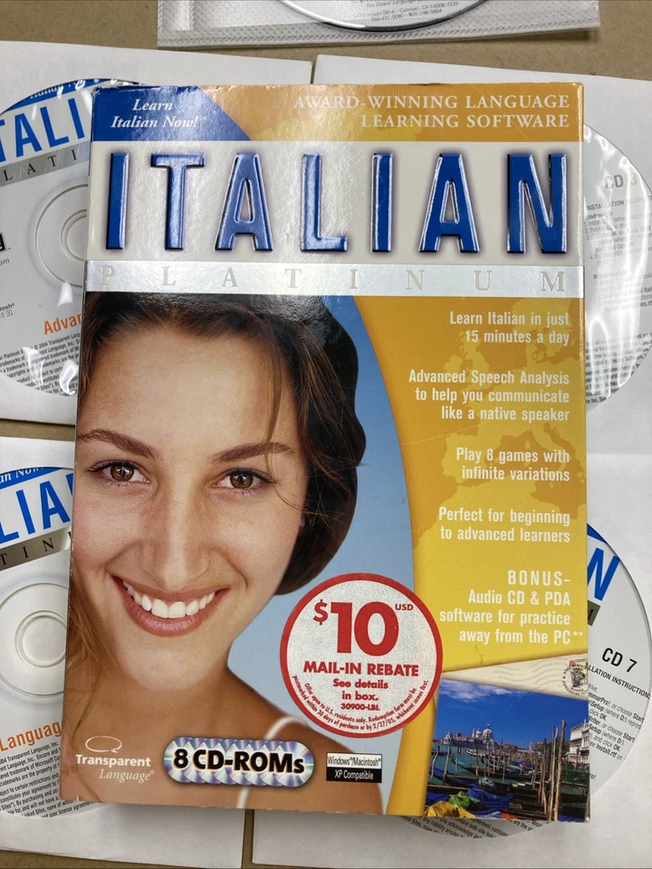 Transparente Aprende Idioma Italiano Platino 8 + 1 CD-ROM Usado en Excelente Condición 2004 Foto 2 de 4