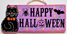 HAPPY HALLOWEEN Black Cat SIGN Autumn Fall Decor Wall Door Hanging Hanger Plaque