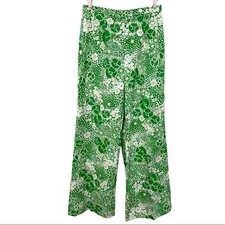 Vintage 70s Diane Von Furstenberg Green White Floral Wide Leg High Waist Pants