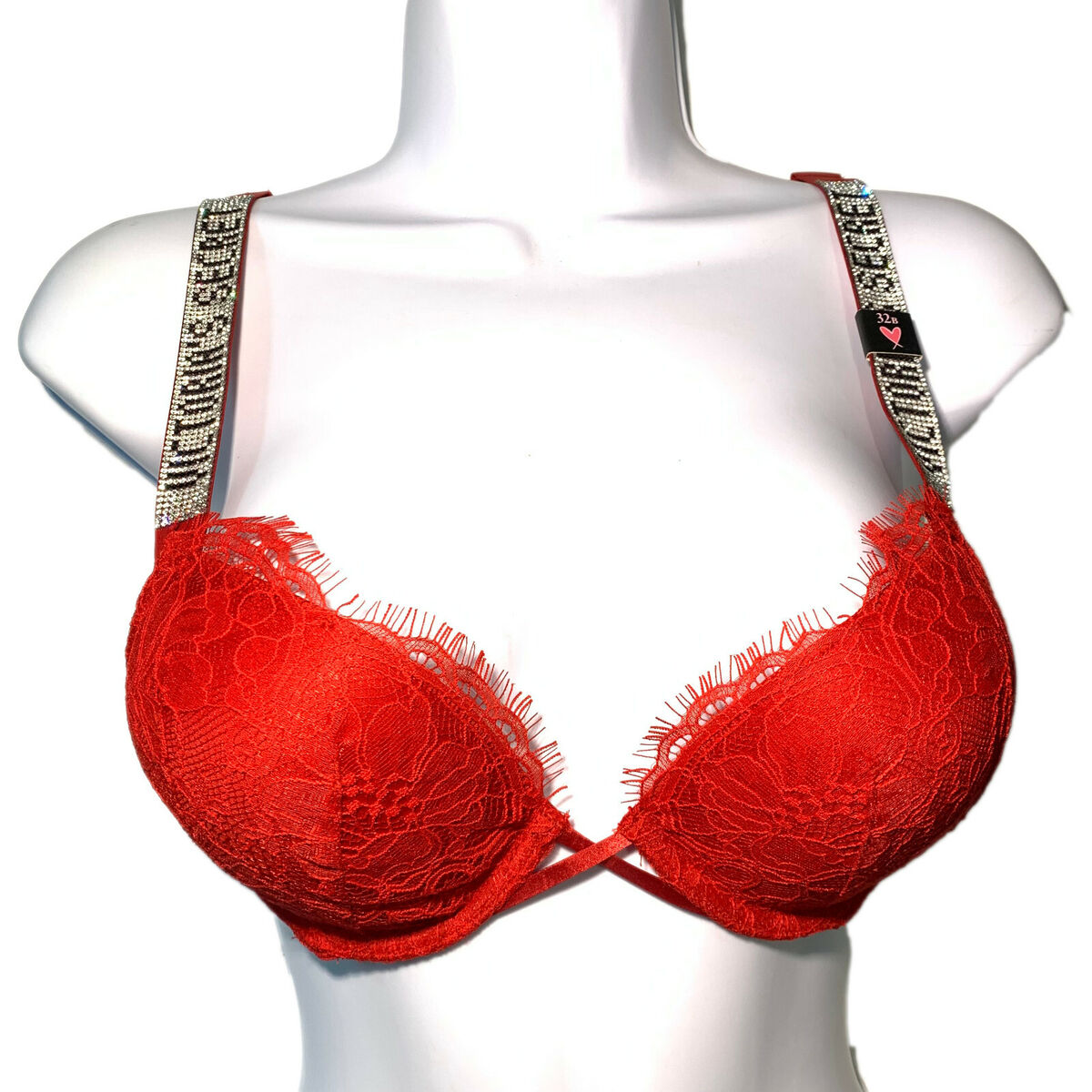 Victoria Secret Push-Up Bra 36B Red/Beige Lace Rhinestones NWT