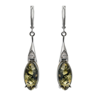 Remarkable Genuine Baltic Amber Earrings 925 Sterling Silver Green Color