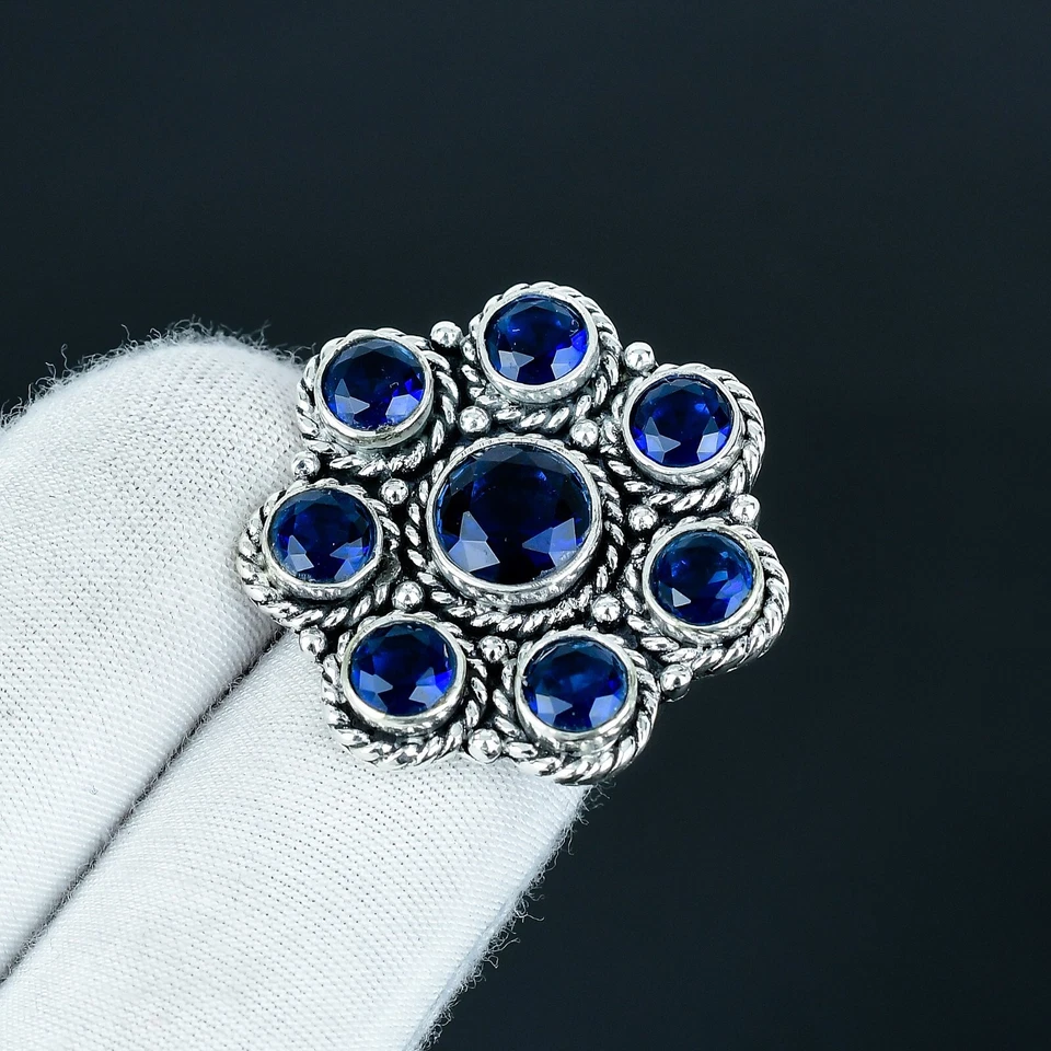 Zaffiro Blu Creato IN Laboratorio 925 Argento Sterling Anello a Fiore Fatto Mano - Immagine 3 di 4