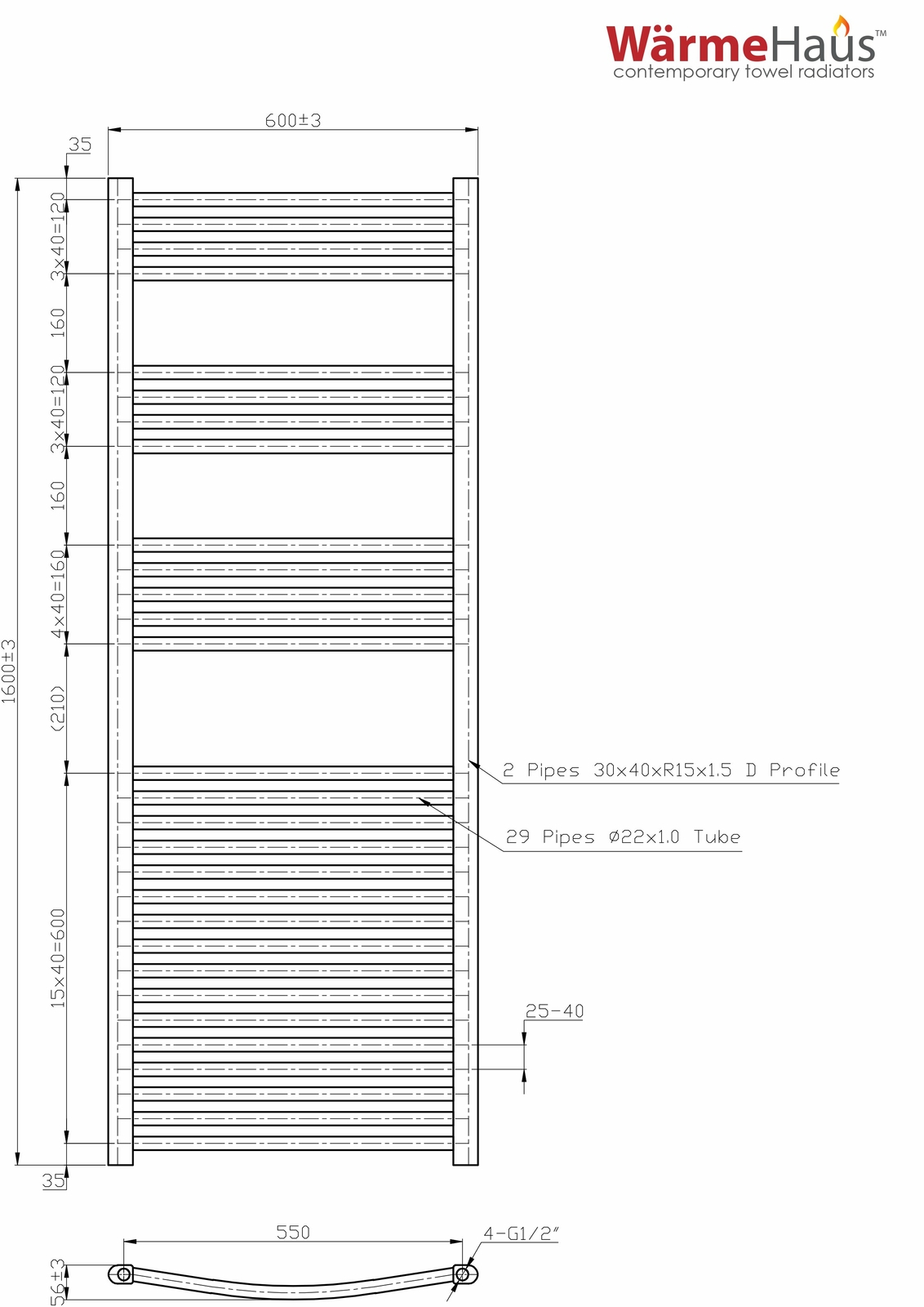 Contemporary Curved Heated Bathroom Towel Rail Radiator Rad 1600 x 600 mm Chrome