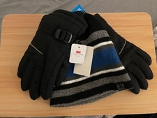 Boys Reversible Beanie Winter Gloves Set, Black, L/XL