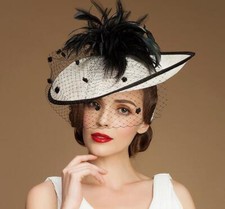 Women's Kentucky Derby Church Wedding Noble Dress linen feather Sinamay hat b696