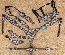 Halloween Tack Set for Horse - Fluorescent Pumpkin Print with Rhinestone Conchos