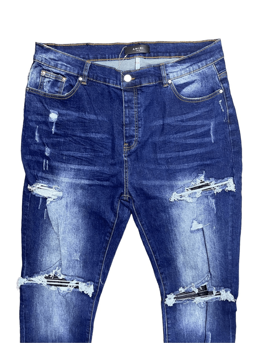 Amiri Mens MX1 Skinny Jeans Size 38 Blue Distressed Leather