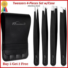 Professional Tweezers Set of 4-Piece Stainless Eyebrow Hair Pluckers + Case