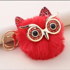 KEYRING Plush Owl Keychain OR Bag Charm Cute Animal Fur Ball keyring Red New