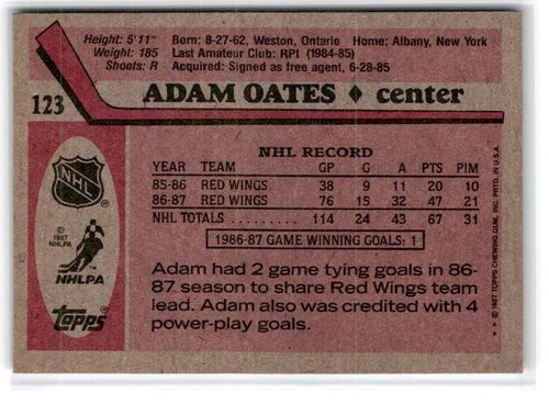 1987-88 Topps Adam Oates RC #123 Red Wings - Picture 2 of 2
