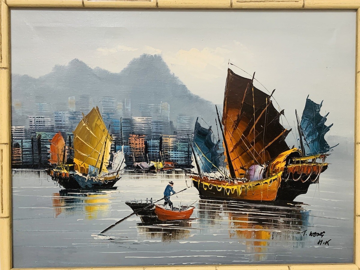 【水彩】宮崎竜成■ *2016年、Independent/tagboat art Original Signed Painting By T. Wong Of Hong Kong Harbor